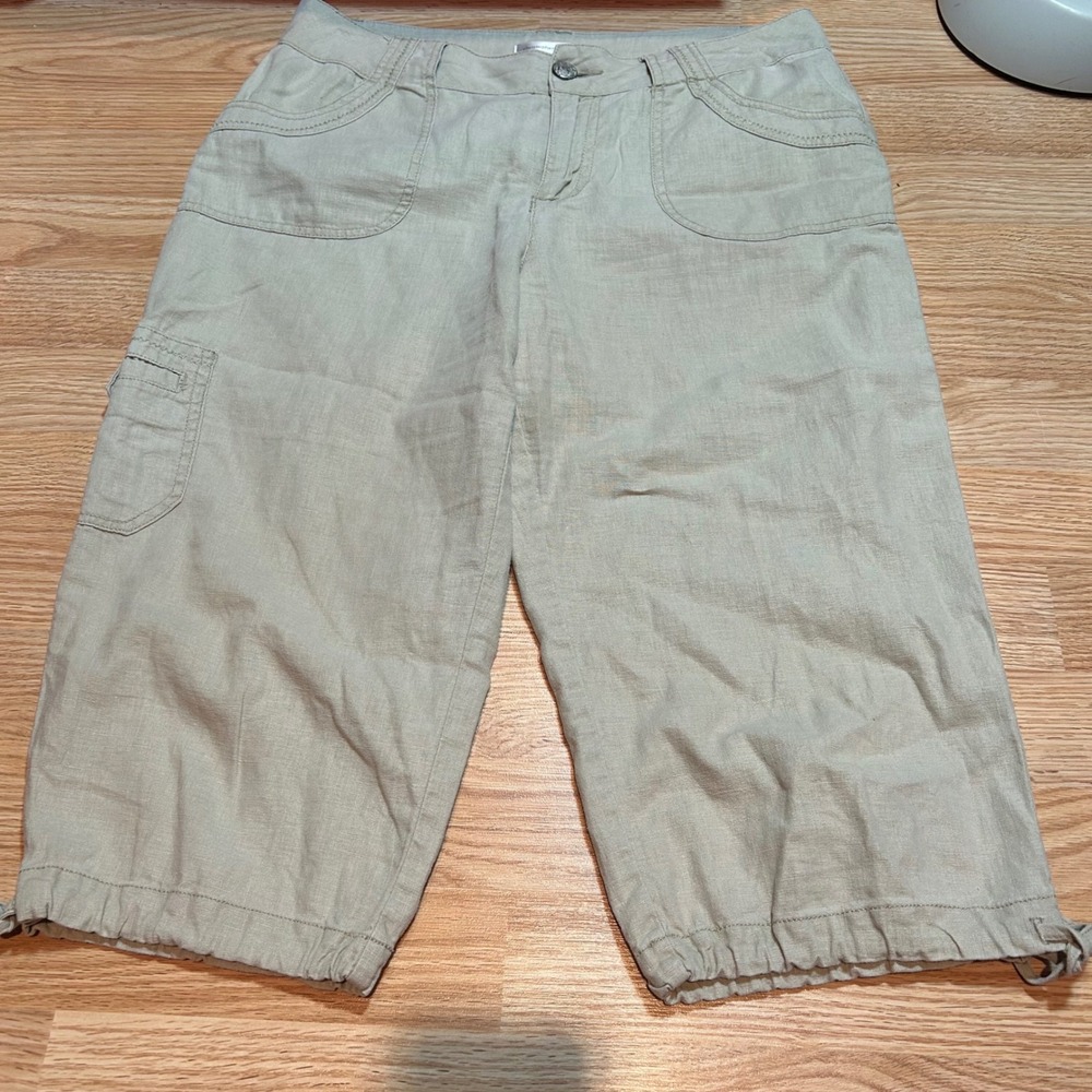 Christopher & Banks Tan Linen Blend Cropped Capri Pants Drawstring Hem Size 10